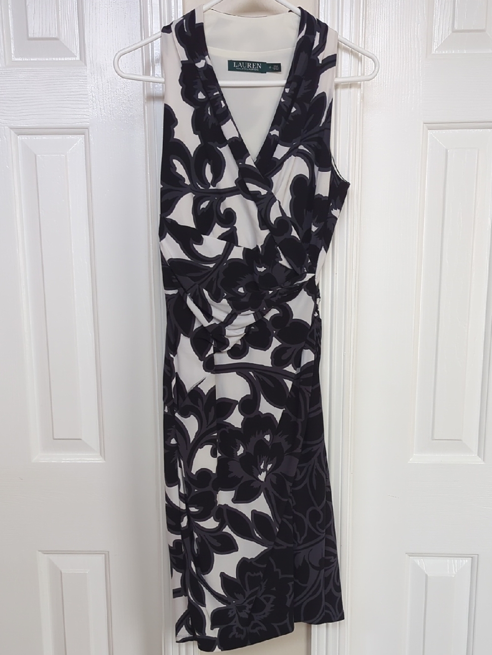 Ralph Lauren Black and White Floral Sleeveless Faux Wrap Dress